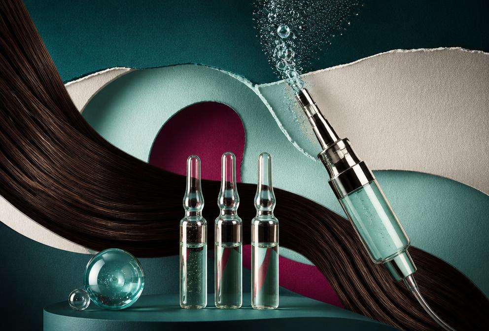 Grafica editoriale dedicata alle fiale per capelli mediante ossigeno